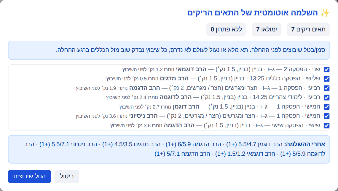חלון ההשלמה האוטומטית: כמה תאים ריקים, מי ימולא, ומצב כל מורה אחרי ההשלמה