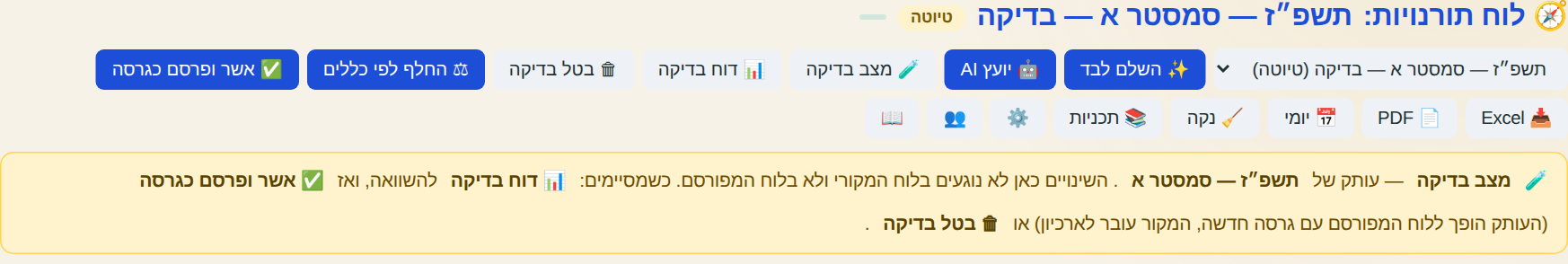 כותרת הלוח במצב בדיקה: באנר צהוב, כפתורי דוח בדיקה ובטל בדיקה, וכפתור אשר ופרסם כגרסה