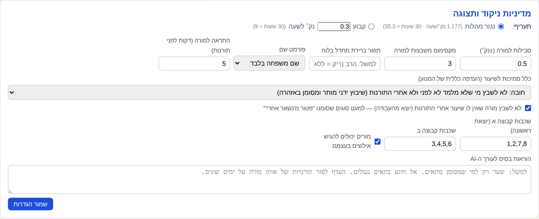 מדיניות ניקוד ותצוגה: תעריף, סטייה, מקסימום, כלל סמיכות, תואר, פורמט שם